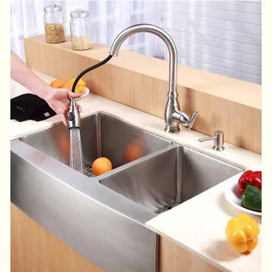 Kraus KHF203-36-KPF2150-SD20 Farmhouse Double Bowl Stainless Steel Sink with Faucet and Soap Dispenser