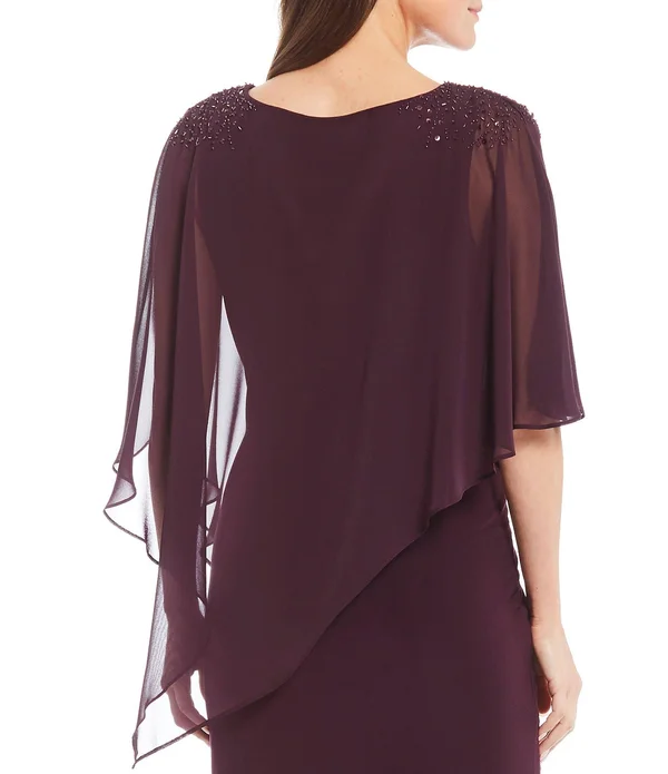Slny Faded Rose Women's Asymmetrical Cape with Beaded Shoulder Dress