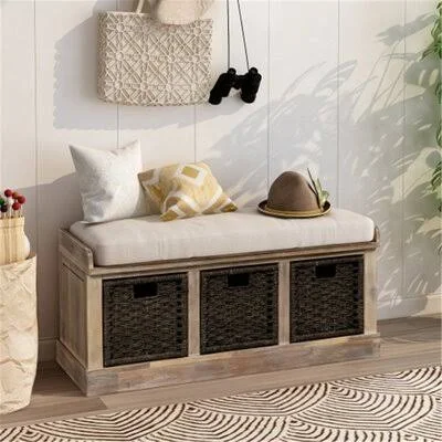 Rustic Storage Bench with 3 Removable Classic Rattan Basket, Entryway Bench Storage Bench with Removable Cushion (Espresso) Red