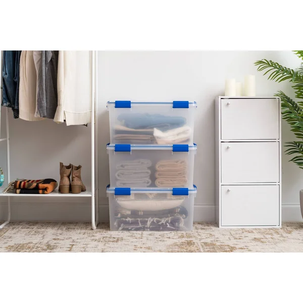Iris USA 60 Quart Weathertight Storage Box - Clear with Blue Buckles, 4 Pack, 500026