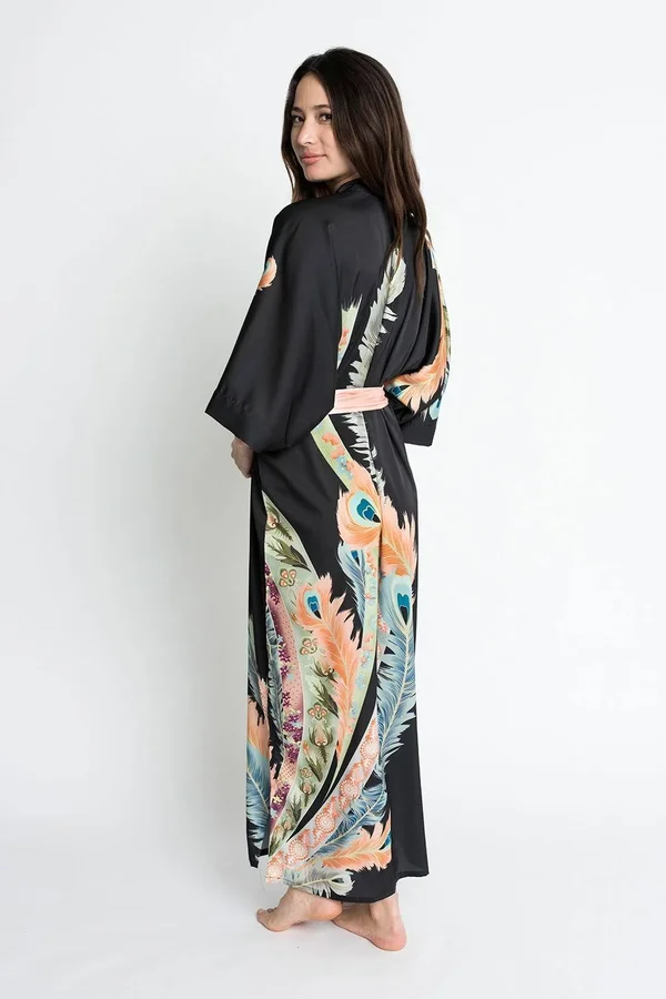 Peacock Feather Kimono Robe - Long, KIM + ONO white, one size