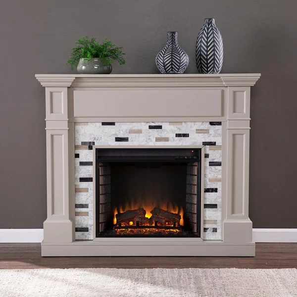 Southern Enterprises Tanderson 48 in. Electric Fireplace in Gray - Gray Finish w/ Black/ Gray/ and White Marble