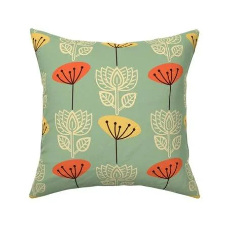 Mid Century Lotus Natural Throw Pillow Cover W Optional Insert by Roostery, Size: 18 x 18 Cu003EOnly, Blue