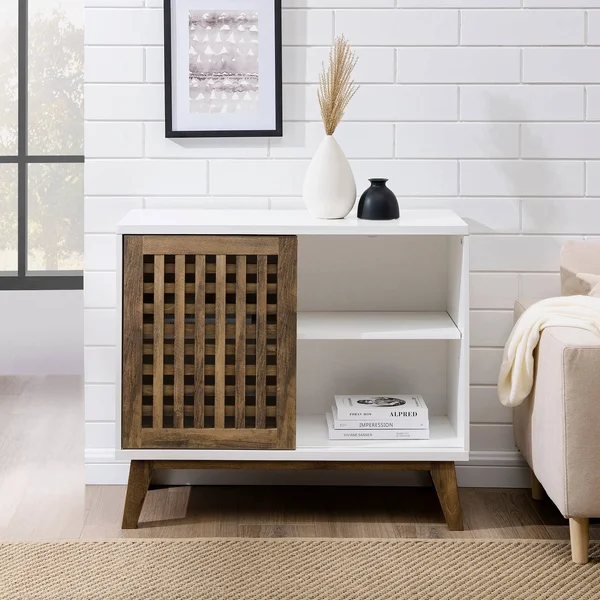 Mid-Century Modern Sliding Slat Door TV Stand for TVs Up to 40x22 White/Rustic Oak - Saracina Home