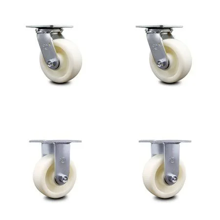 Nylon Swivel Caster w/Main. Free Bearings Set of 4 w/5 inch x 2 inch White Wheels - Includes 2 Swivel & 2 Rigid - 3600 lbs T