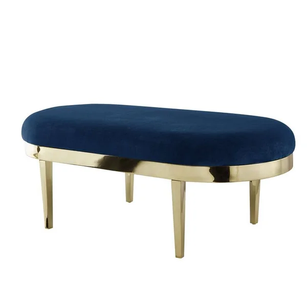 Issac Oval Bench Navy Blue Velvet Upholstered Polished Legs