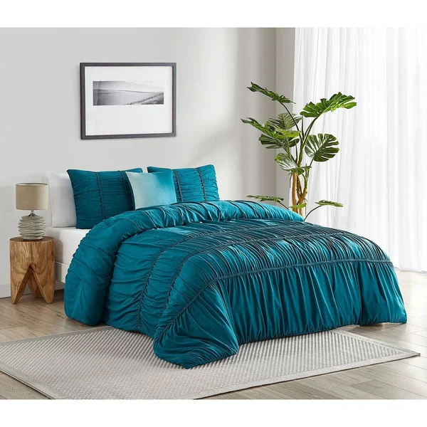 Cedar Court Garment Washed Smocked Stripe Cable Braid Blue, 4 Piece Comforter Set-King