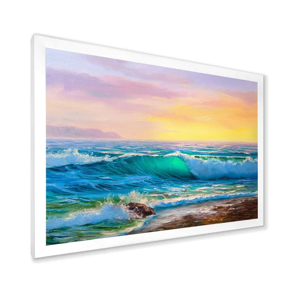 Designart &Blue Waves Breaking at The Beach IV& Nautical & Coastal Framed Art Print - 32 in. Wide x 24 in. High - Black