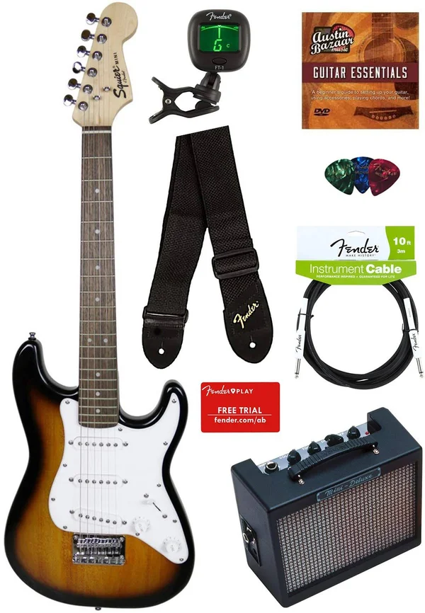 Squier by Fender Mini Strat Electric Guitar - Brown Sunburst Bundle with Amplifier, Instrument Cable, Tuner, Strap, Picks, Fende