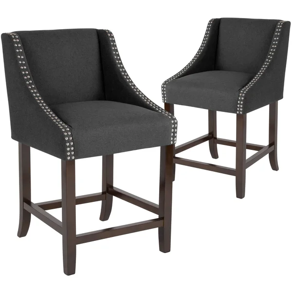 Flash Furniture 2 Pk. Carmel Series 24x22 High Transitional Walnut Counter Height Stool with Accent Nail TRIM - Light Gray Fabric