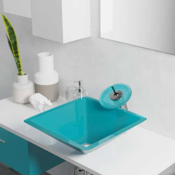 Rene R5-5003-CER-WF 16-1/2x22 Glass Vessel Bathroom Sink with Waterfall Faucet Si Cerulean, Antique