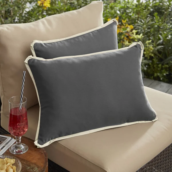 Set of 2 Charcoal Gray with Ivory Flange Comfortable Indoor and Outdoor Rectangular Throw Pillow, 20x22