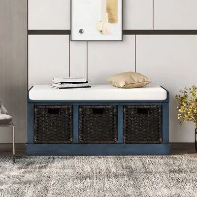 Rustic Storage Bench with 3 Removable Classic Fabric Basket, Entryway Bench Storage Bench with Removable Cushion August Grove C