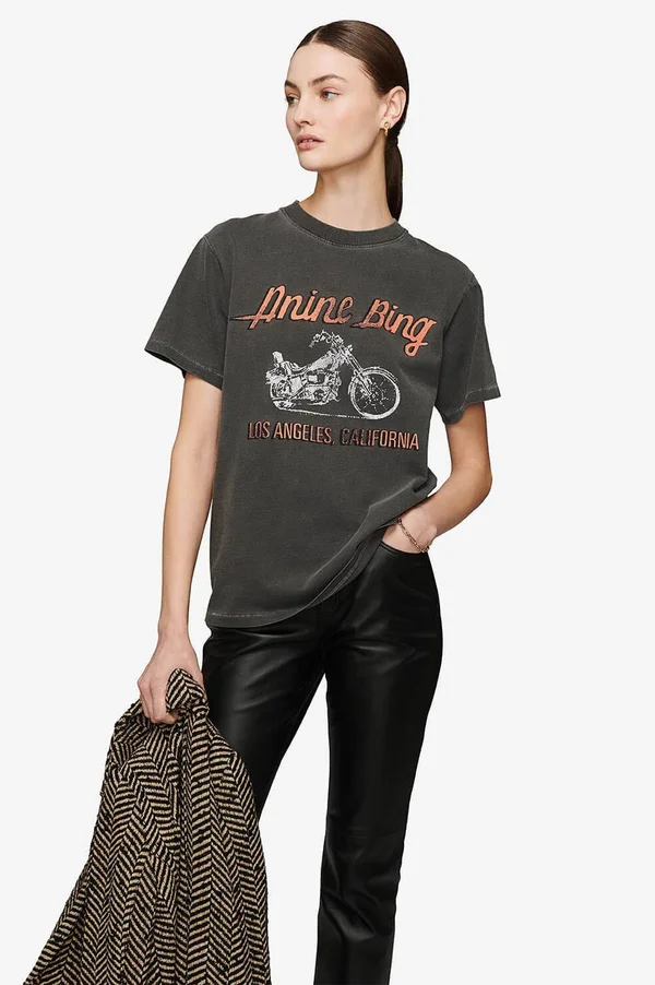 Anine Bing Lili T-Shirt Motorcycle in Charcoal, Medium