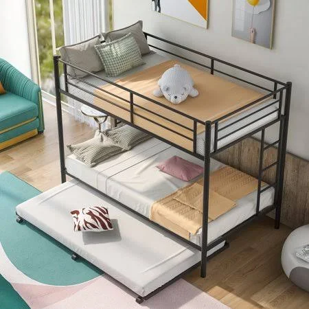 Nokiwiqis Bunk Bed with Trundle - Double Layers Bedstead with Sliding Shelf, Size: One size, Black