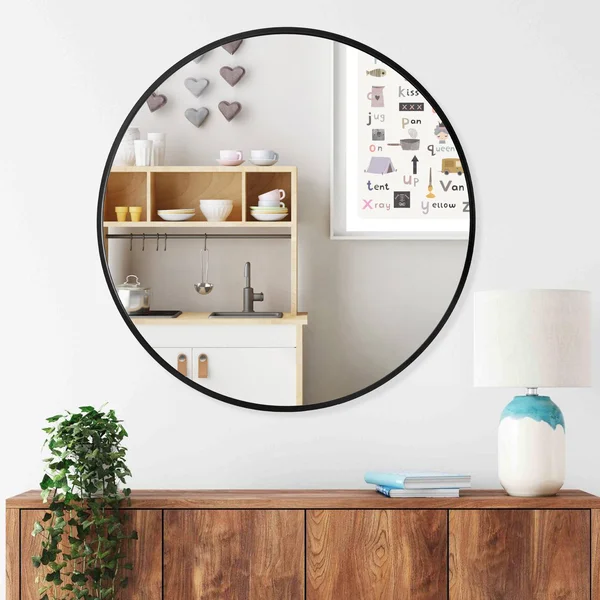32 in. Round Aluminum Frame Shatterproof Accent Mirror - 32 x 32 - Black