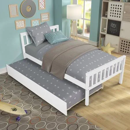 Kids Twin Bed Frame with Headboard, Yofe Twin Bed Frame with Trundle Bed, Solid Pine Kids Twin Bed Frame for Kids Boys Girls, Tw