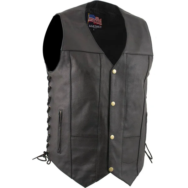USA Leather 1204 &Dime& Classic Leather Men's Ten Pocket Vest with Side Laces - Size: Xxxl, Black