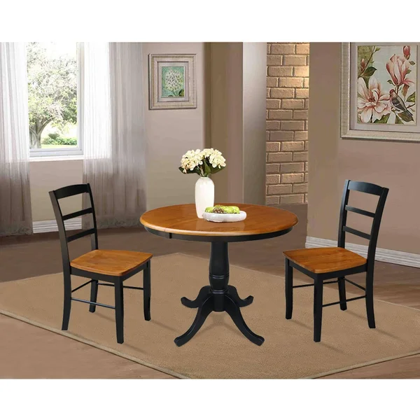 International Concepts 36x22 Round Top Pedestal EXT Table with 12x22 Leaf and 2 RTA Madrid Chairs, Black/Cherry