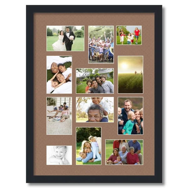 Collage Picture Frame, Satin Black Frame with 12 openings for 4x6 Photos with Brown Sandpiper Mat. D3926DJ465, ArtToFrames