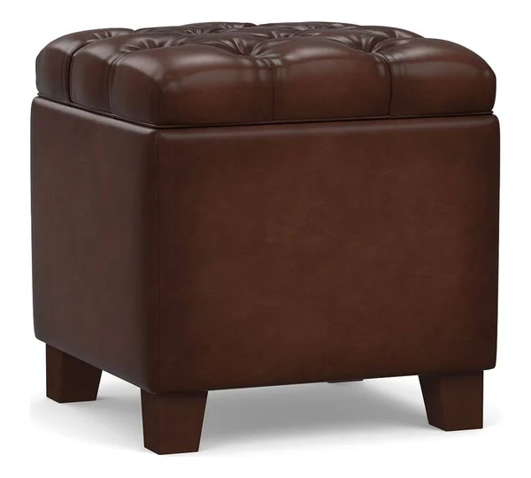 Pottery Barn Lorraine Tufted Leather Storage Cube, Burnished Walnut
