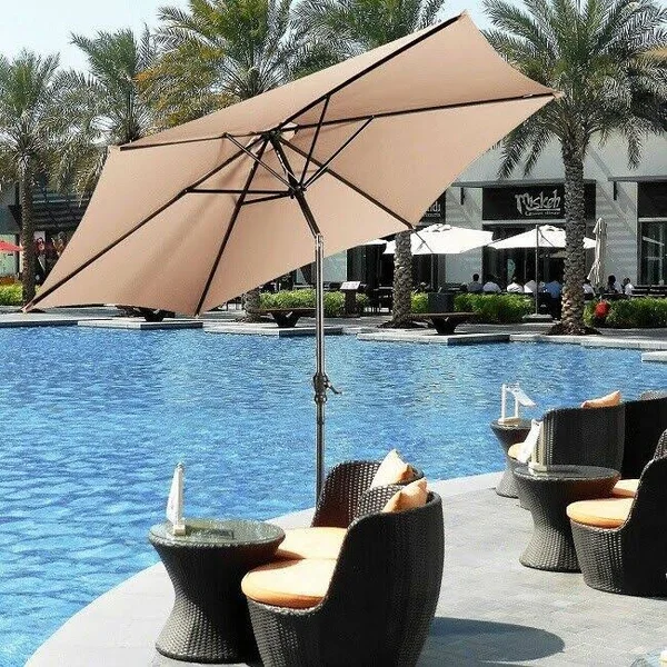 Outdoor Patio Umbrella Beige Sun Shade Crank Poolside Deck Adjustable Angle Tilt