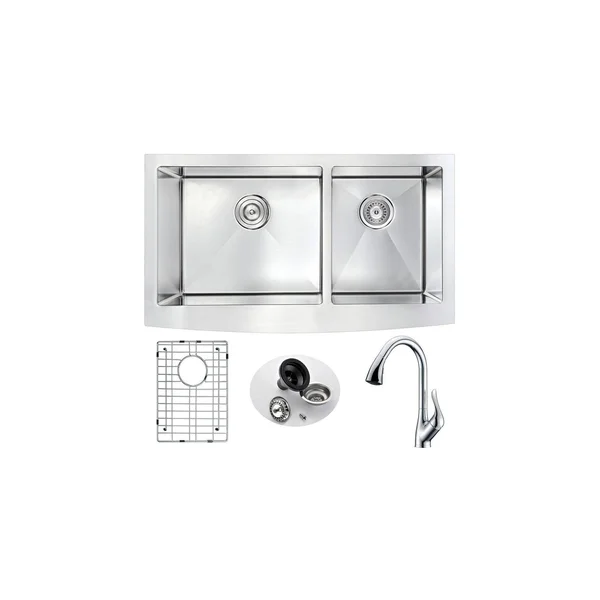 Anzzi KAZ3320-031 Elysian Farmhouse 33 in. Double Bowl Kitchen Sink with Accent Faucet in Polished Chrome