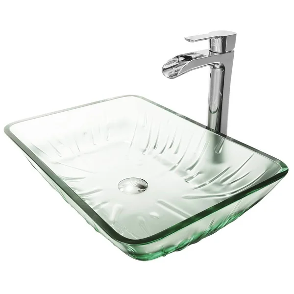 Vigo VGT1900 Rectangular Icicles Glass Vessel Bathroom Sink Set with Niko Vessel Faucet in Chrome