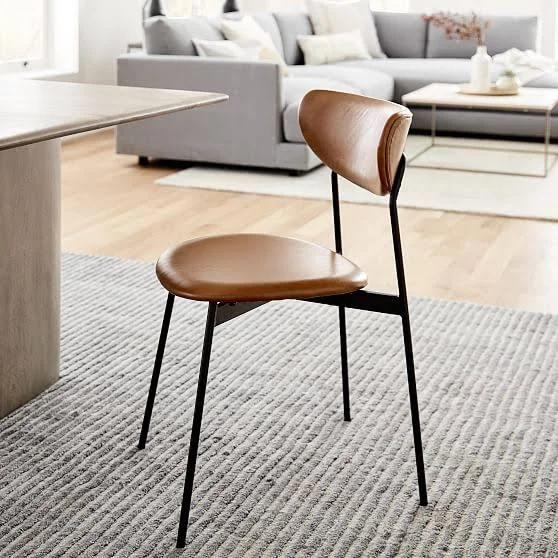 Modern Petal Fully Upholstered Dining Chair, Vegan Leather, Snow, Light Bronze