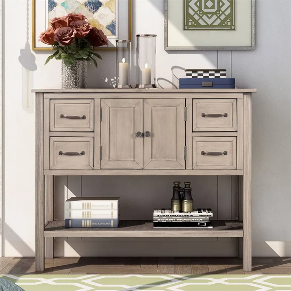 Console Table Sofa Table for Living Room with 4 Drawers - 1 Cabinet and 1 Shelf - Black