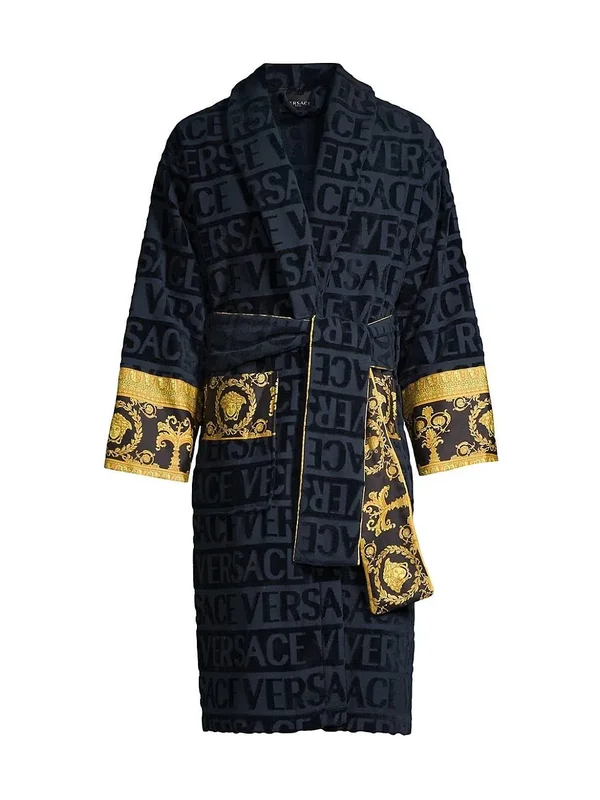 Versace Men's Logo Toweling Baroque Bathrobe - Blue - Size XL