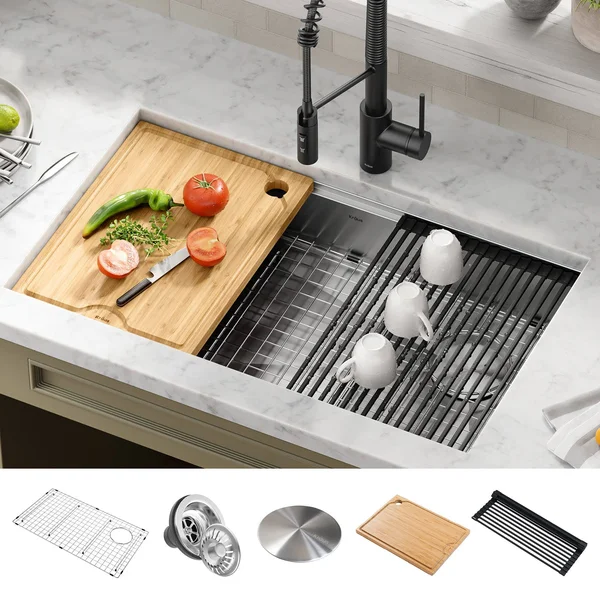 Kraus KWU110-32/5.5 32 inch Kore ADA Workstation Undermount 16 Gauge Stainless Steel Single Bowl Kitchen Sink with Accessories