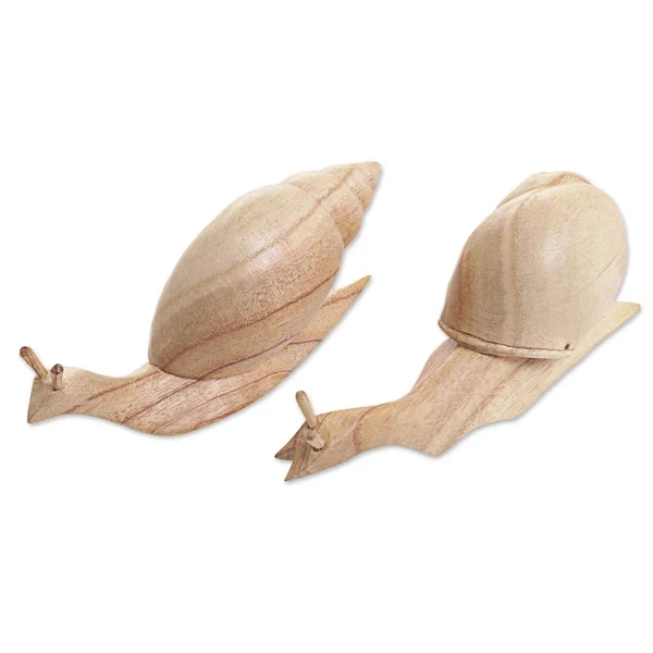 Shells Aside (Pair) Wood Snail Sculptures - Indonesia, White, NOVICA