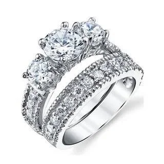 Oliveti Women's Sterling Silver Bridal Set Engagement Wedding Ring Band Cubic Zirconia (Size: 8) - Gray