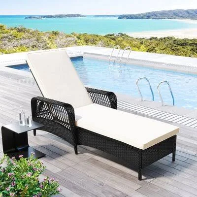 Go Outdoor Patio Pool PE Rattan Wicker Chair Wicker Sun Lounger, Adjustable backrest, Beige CUSHION, Black Wiker Red Barrel Stud
