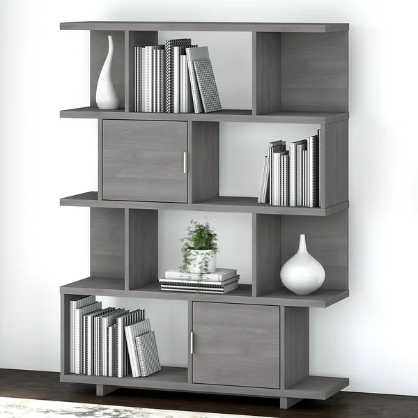 Kathy Ireland Home by Bush Furniture Madison Avenue Large Geometric Etagere Bookcase with Doors Modern Gray