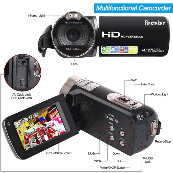 Camera Camcorders, Besteker Portable 1080p 24MP 16x Digital Zoom Video Camcorder with 2.7x22 LCD and 270 Degree Rotation Screen