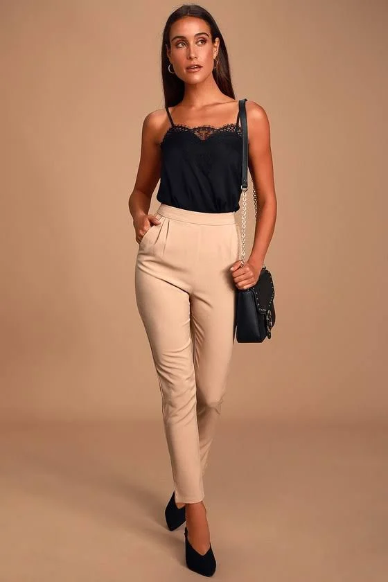 Lulus - Kick It Beige High-Waisted Trouser Pants, Size X-Small, 100% Polyester