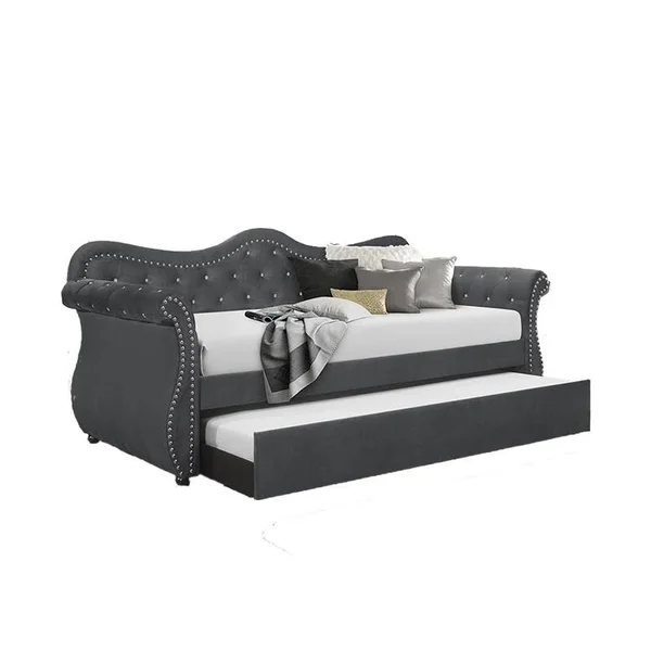 Galaxy Home Furnishings Galaxy Home Abby Upholstered Velvet Solid Wood Daybed with Trundle in Gray