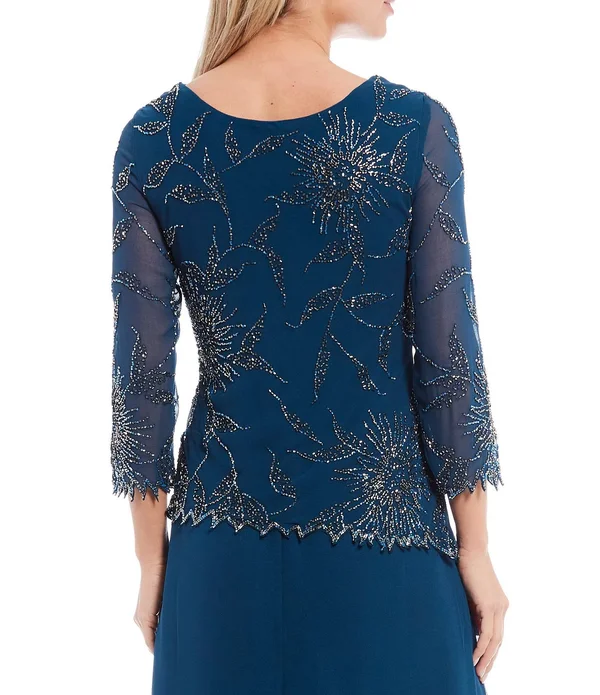 Jkara Asymmetrical Beaded Bodice 34 Sleeve Chiffon Gown - 16