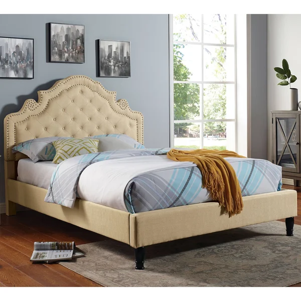 Furniture of America Creu Transitional Button Tufted Platform Bed - Beige - King