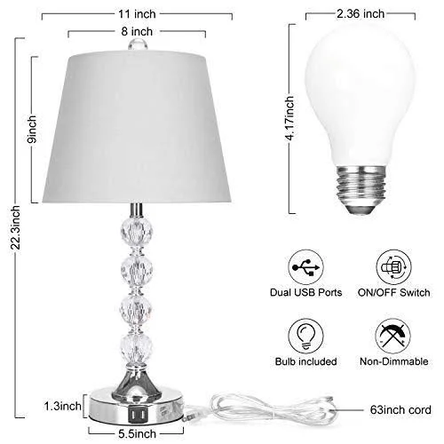 Bedside Crystal Table Lamps Set of 2 with Dual USB Charging Ports - Boncoo Modern