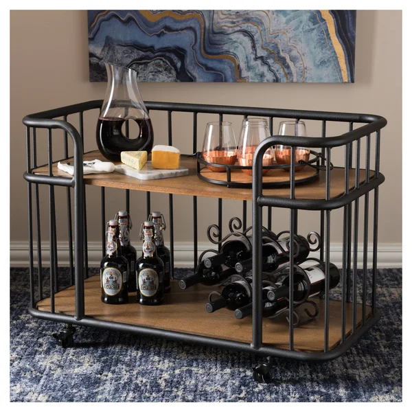 Baxton Studio Porter Rustic Industrial Style Antique Black Textured Finished Metal Distressed Ash Wood Mobile Serving Bar Cart