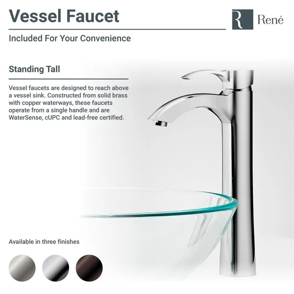 Rene R5-5007-R9-7006-ABR Foil Undertone Glass Vessel Sink with Antique Bronze Vessel Faucet, Sink Ring, and Vessel Pop-Up Drain