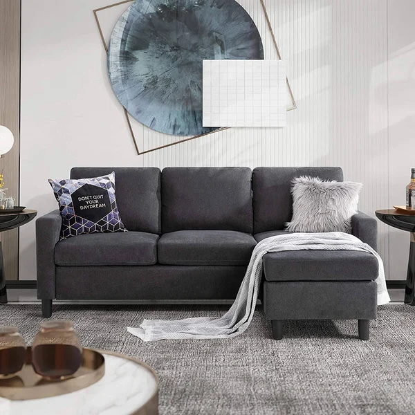 Futzca Convertible Sectional Sofa Couch with Reversible Chaise, Modern Linen Fabric L-Shaped Couch for Small Space - Ash