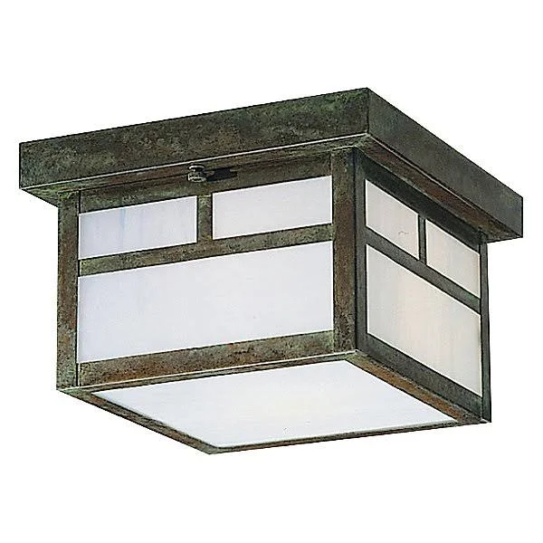 Arroyo Craftsman Mission 2-Light Glass Outdoor Ceiling Light T-Bar Overlay, Rustic Brown, White Opalescent - MCM-12TWO-RB