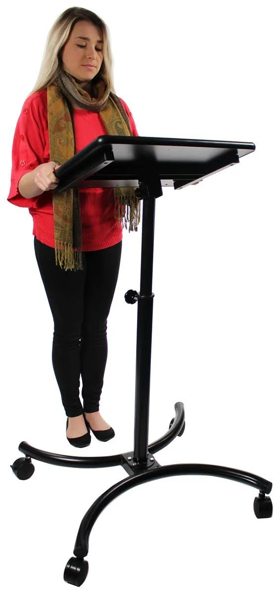 Displays2go Adjustable Laptop Stand with 20 x 16-inch Tilting Surface, Locking Casters, Contemporary Curved Base, Ergonomic Desi