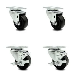 Phenolic Swivel Top Plate Caster Set of 4 with 3.5 inch Black Wheels - Includes 2 Swivel with Top Locking Brakes and 2 Swivel