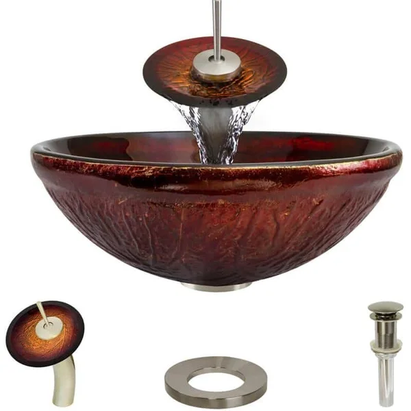 Rene R5-5018-WF-BN Red Lava Glass Bathroom Sink with Brushed Nickel Waterfall Faucet - Sink Ring, and Vessel Pop-Up Drain