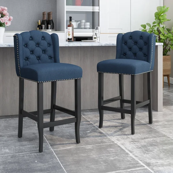 Foxwood Wingback Barstool (Set of 2) by Christopher Knight Home - Navy Blue + Dark Brown